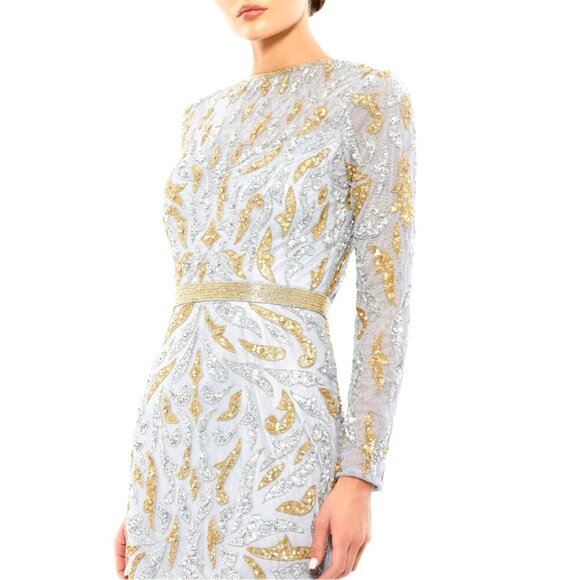 NEW! Mac Duggal Platinum Silver Gold Paisley Beaded Long Sleeve Gown SZ 6 - Picture 3 of 11